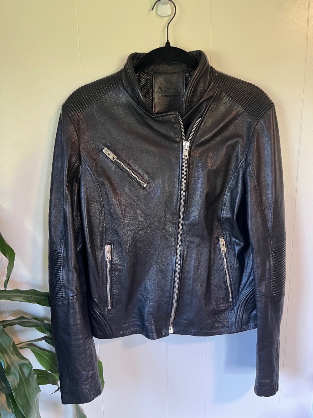 Masterpelle Made in Italy Black Genuine Leather Moto Jacket Ribbed Biker, M/L